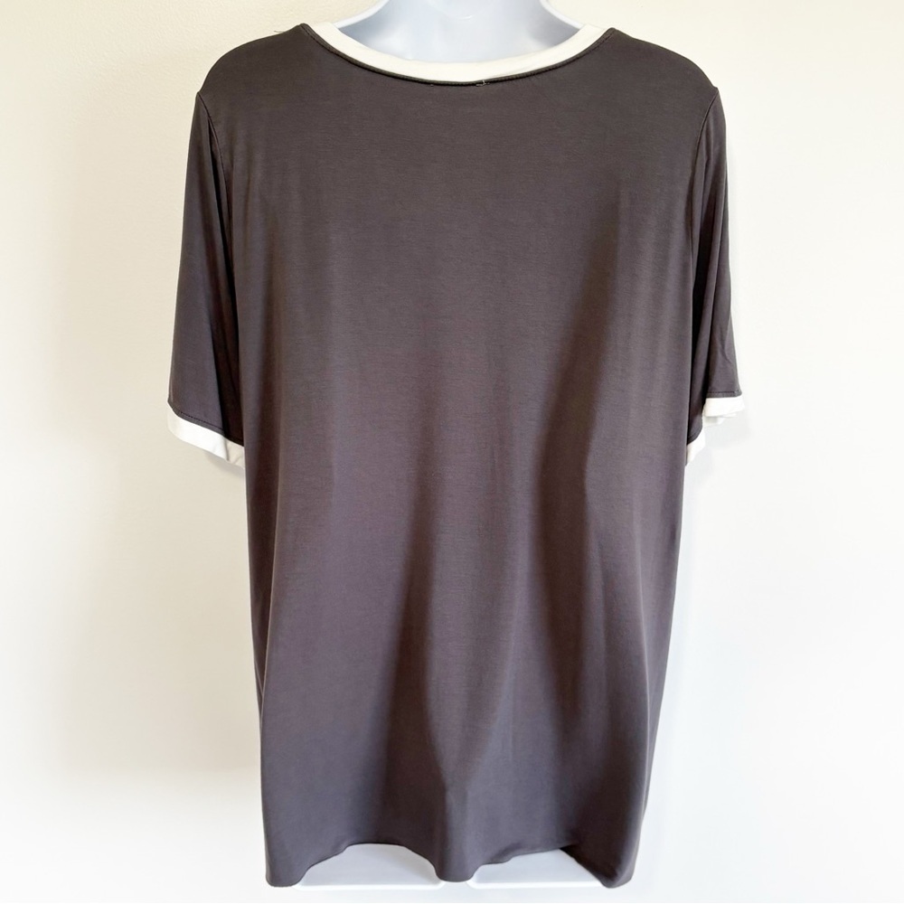 POL Ruffle Trim Tunic Top Gray White Boho Peasant Relaxed Fit Large - Picture 2 of 8